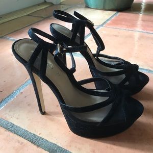 Aldo black open toe suede stilettos w/ mesh detail